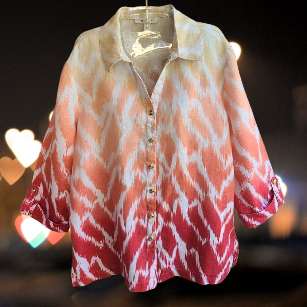 JM Collection Womens Size 12 Top Blouse Button Front 100% Linen 3/4 Sleeves